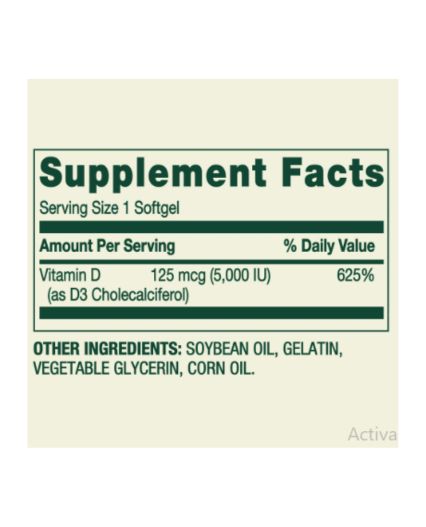 Vitamina D3 125 mcg (5000 IU) por 100 softgel marca spring Valley