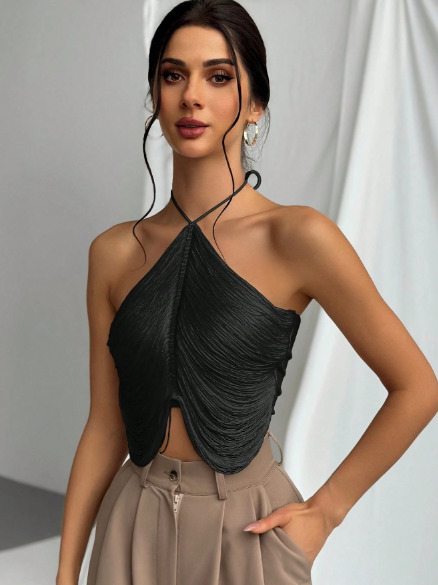 Top elegante cuello halter de flecos para mujer