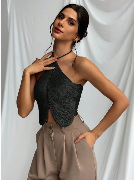 Top elegante cuello halter de flecos para mujer