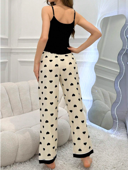 Conjunto de pijama blusa cuello en V y pantalones estampados para Dama