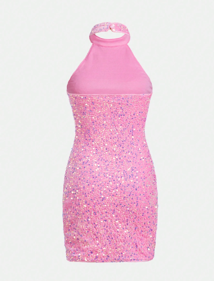 Vestido De Punto De Terciopelo Brillante Y Sin Espalda Estilo Halter Para Adolescente