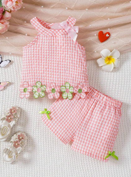 Conjunto de blusa sin mangas y pantalones cortos a cuadros con flores bordadas, para bebé niña