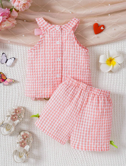 Conjunto de blusa sin mangas y pantalones cortos a cuadros con flores bordadas, para bebé niña