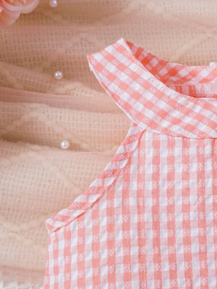 Conjunto de blusa sin mangas y pantalones cortos a cuadros con flores bordadas, para bebé niña