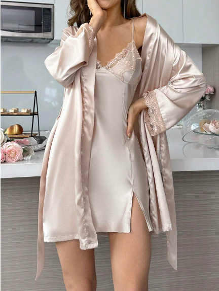 Conjunto de pijama de camisón y vestido de tirantes para mujer de seda