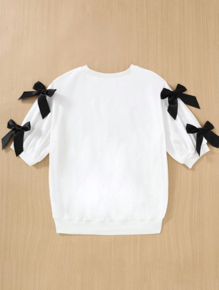 Camiseta de manga media con cuello redondo holgada de punto blanca con decoración de lazo para adolescentes