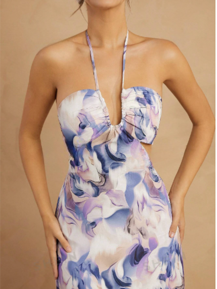 Vestido casual sin mangas con estampado total, cuello halter y espalda descubierta para mujer