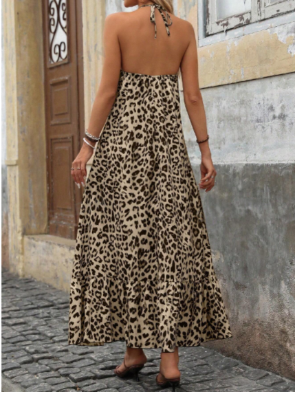 Vestido de vacaciones elegante para mujer con estampado de leopardo, escote halter, espalda descubierta, drapeado para mujer