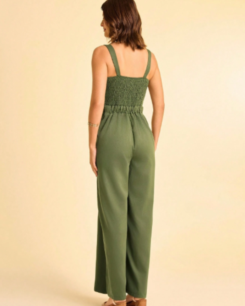 Enterizo bota ancha con pliegues para mujer verde oliva