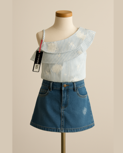 Blusa para niña de un hombro estampada con detalles de boleros