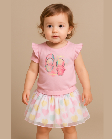 Conjunto de niña rosa con estampado de sandalias y falda tul con corazones