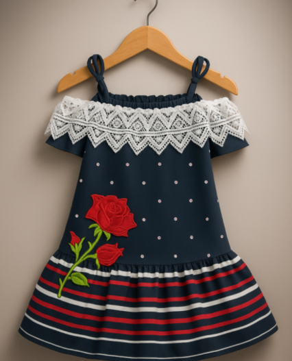 Vestido Azul Marino Infantil con Encaje Blanco y Bordado de Rosas para niña
