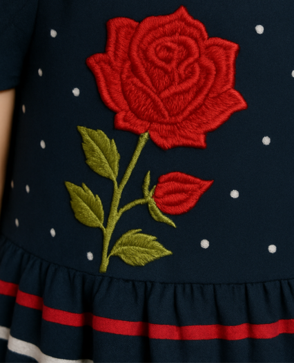 Vestido Azul Marino Infantil con Encaje Blanco y Bordado de Rosas para niña