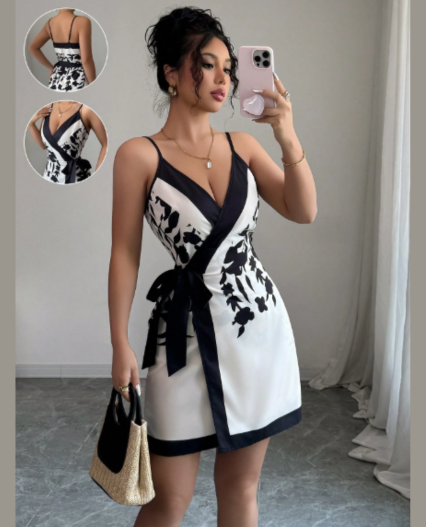 Vestido corto de mujer con estampado, escote en V y frente envolvente, sexy y elegante