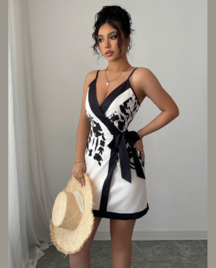 Vestido corto de mujer con estampado, escote en V y frente envolvente, sexy y elegante