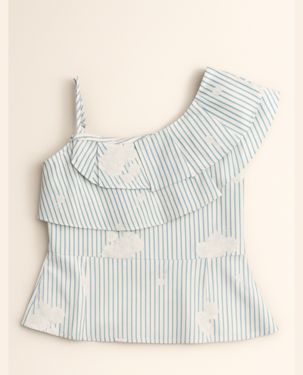Blusa para niña de un hombro estampada con detalles de boleros