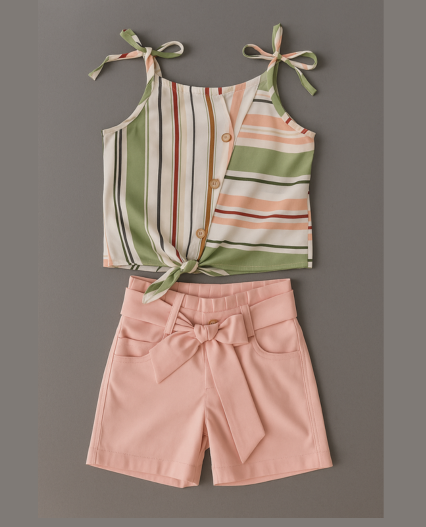 Conjunto de niña con blusa de tiras a rayas y short durazno con lazo