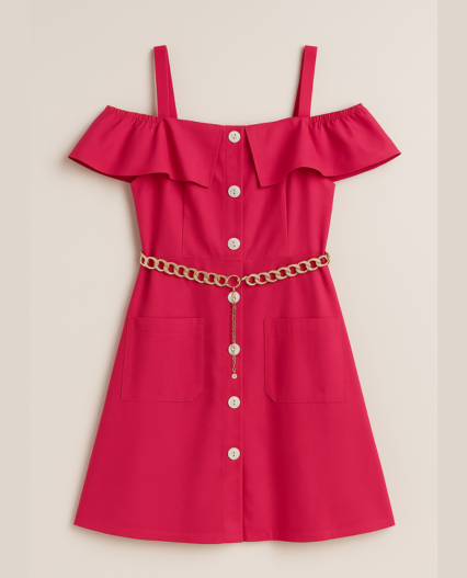 Vestido de niña con hombros descubiertos y cinturón decorativo