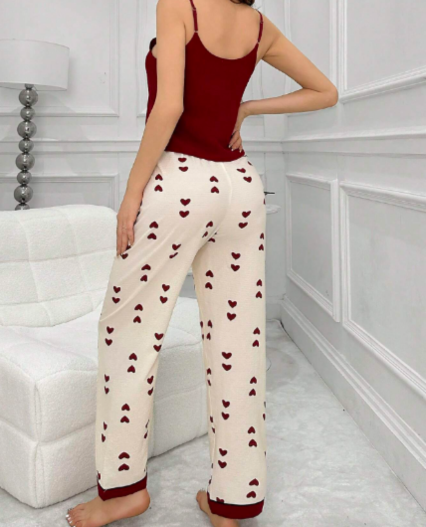Conjunto de pijama blusa cuello en V y pantalones estampados rojo para Dama