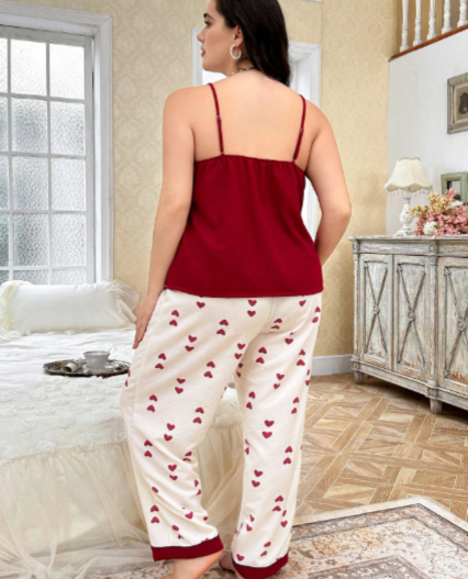 Conjunto de pijama blusa cuello en V y pantalones estampados rojo para Dama