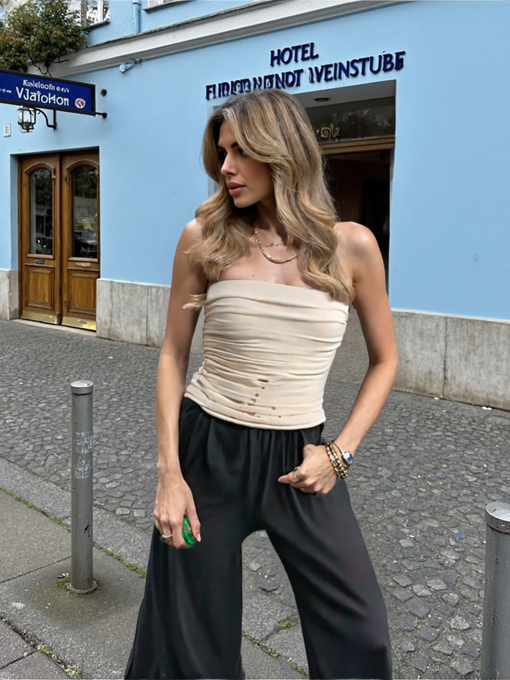 Top sin tirantes con pliegues para mujer, de color albaricoque elegante urbano, versátil de moda