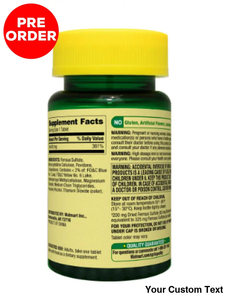 Iron 65 mg 325 mg Sulfato Ferroso Spring Valley 100 Tabletas Suplementos y Vitaminas