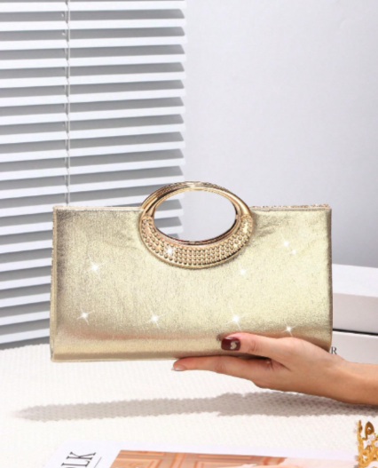 Cartera de Mano Dorada con Brillos y Asa Metálica Circular