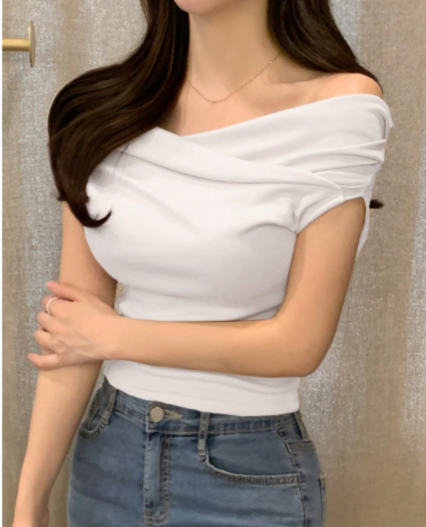 Blusa Blanca Elegante con Hombros Caídos y Escote Cruzado para mujer