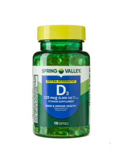 Vitamina D3 125 mcg (5000 IU) por 100 softgel marca spring Valley