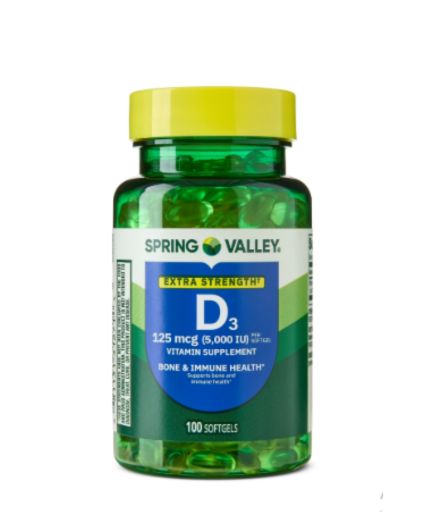 Vitamina D3 125 mcg (5000 IU) por 100 softgel marca spring Valley