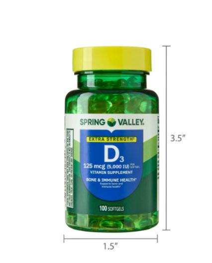 Vitamina D3 125 mcg (5000 IU) por 100 softgel marca spring Valley