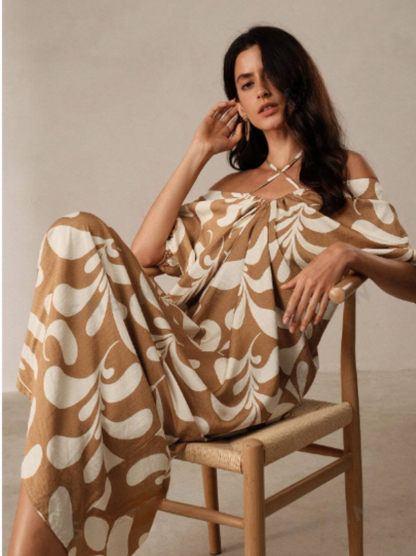 Anewsta Vestido de vacaciones de mujer con pliegues casuales impresos y escote descubierto en la espalda