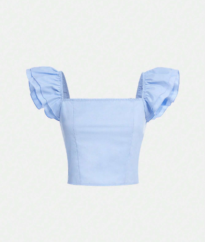 Camisa crop top mangas con boleros cuello cuadrado enresortada para jovencitas