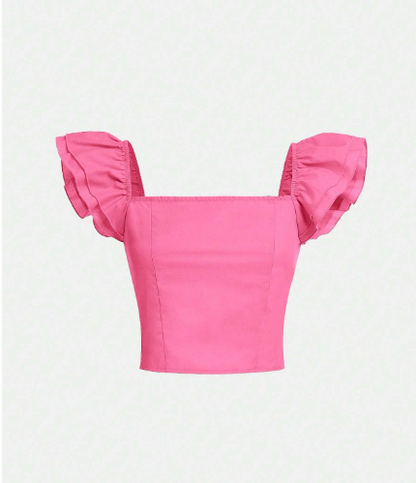 Camisa crop top mangas con boleros cuello cuadrado enresortada para jovencitas