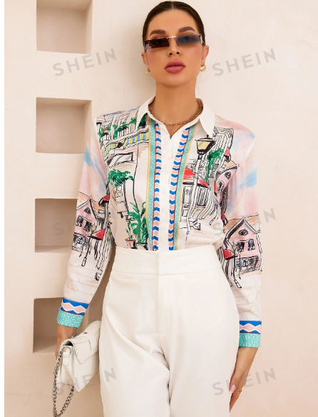 Camisa de mujer  elegante estampada De Manga Larga