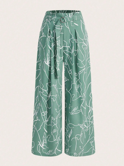 Pantalones de mujer pierna ancha tipo palazzo con estampado de dibujo con cinturón