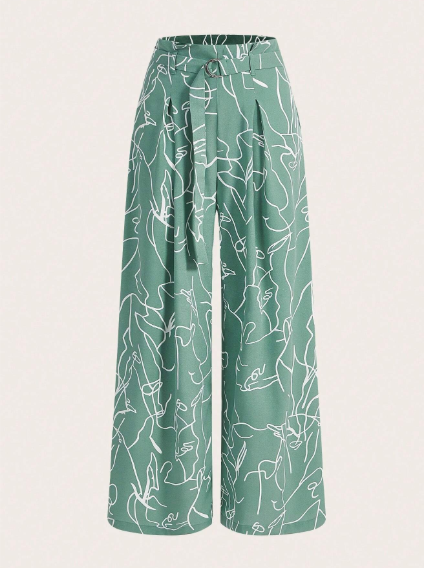 Pantalones de mujer pierna ancha tipo palazzo con estampado de dibujo con cinturón (Copia)