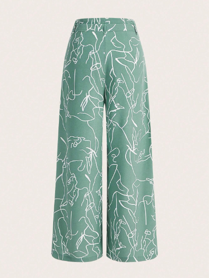 Pantalones de mujer pierna ancha tipo palazzo con estampado de dibujo con cinturón