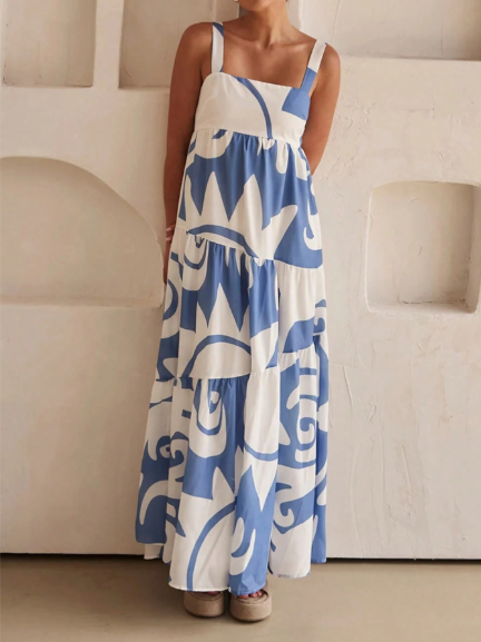 Vestido Maxidress estampado azul al azar para mujer