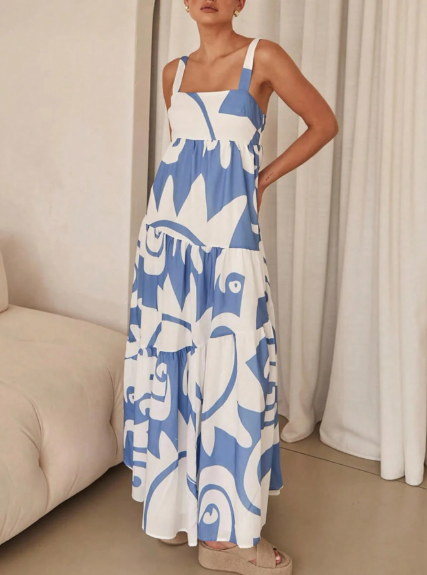 Vestido Maxidress estampado azul al azar para mujer