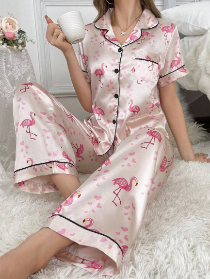 Pijama satinada estampado Flamingo mujer