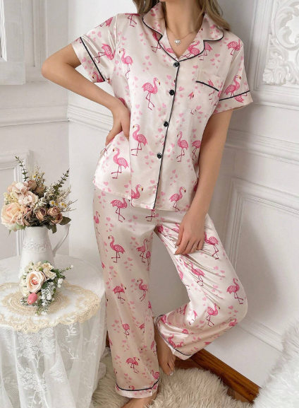 Pijama satinada estampado Flamingo mujer