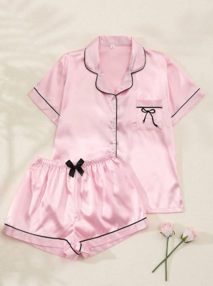 Pijama de  Dama 2 piezas en Satín de Camisa y Short para mujer