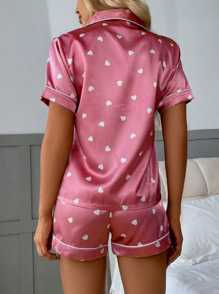Conjunto de pijama de top de manga corta y shorts estampado satín para mujer