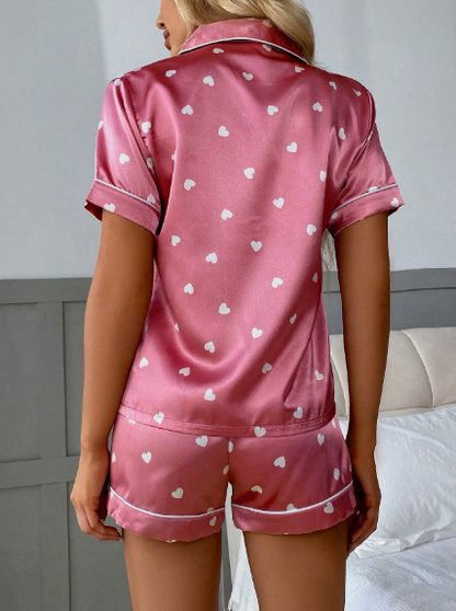 Conjunto de pijama de top de manga corta y shorts estampado satín para mujer
