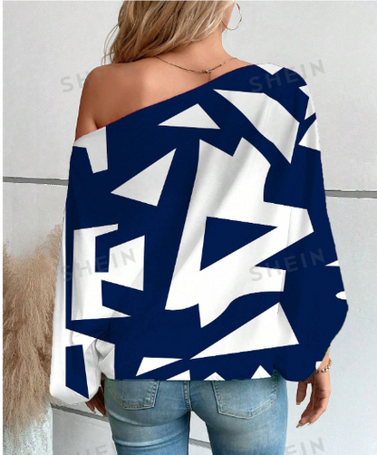 Blusa con estampado geométrico de cuello asimétrico de manga murciélago