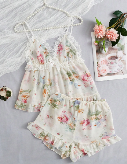 Pijama de 2 piezas para mujer con estampado floral con borde en encaje