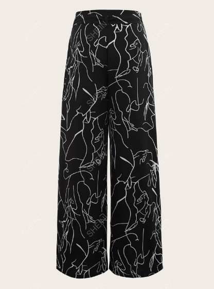 Pantalones de mujer pierna ancha tipo palazzo con estampado de dibujo con cinturón
