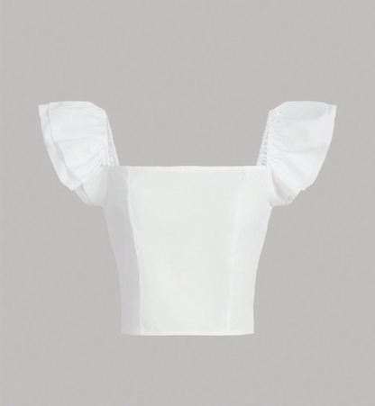 Camisa crop top mangas con boleros cuello cuadrado enresortada para jovencitas