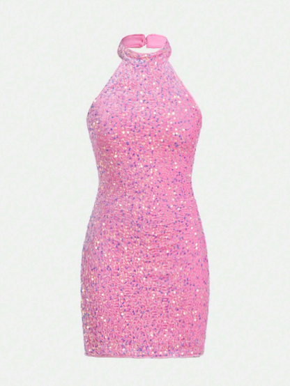 Vestido De Punto De Terciopelo Brillante Y Sin Espalda Estilo Halter Para Adolescente